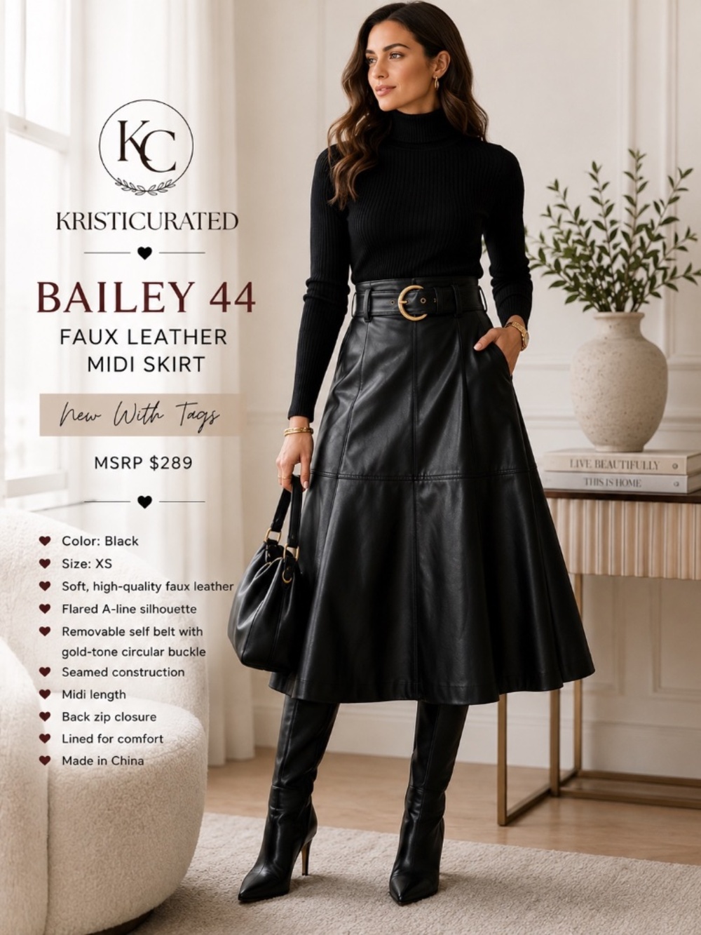 Bailey 44 Black Faux Leather A-Line Midi Skirt Belted NWT XS